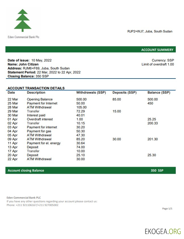 Déclaration de la Eden Commercial Bank du Soudan du Sud